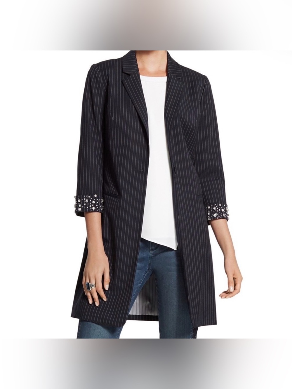 Chico's Black Label Pinstripe Stone Cuff Blazer Jacket Duster Size 1 Medium 8-10